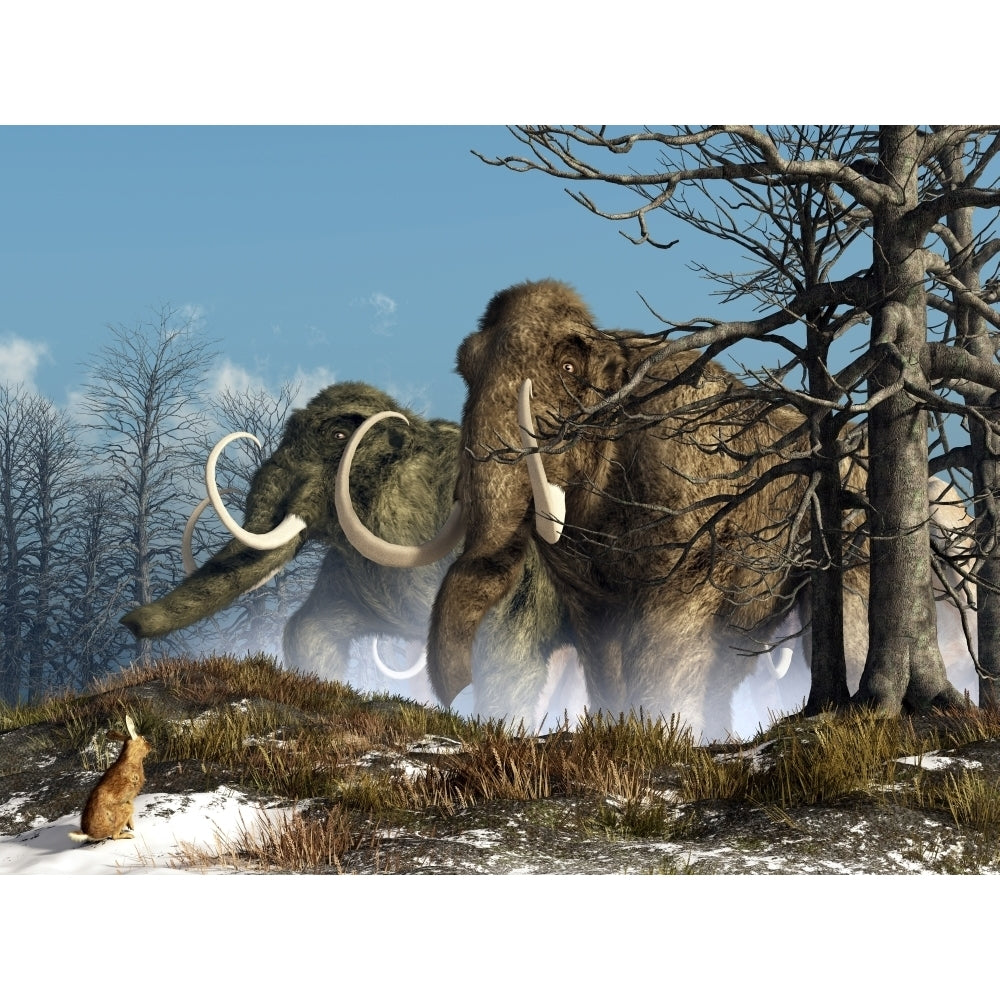 A rabbit witnesses a herd of mammoths in a snowy forest Poster Print Image 1