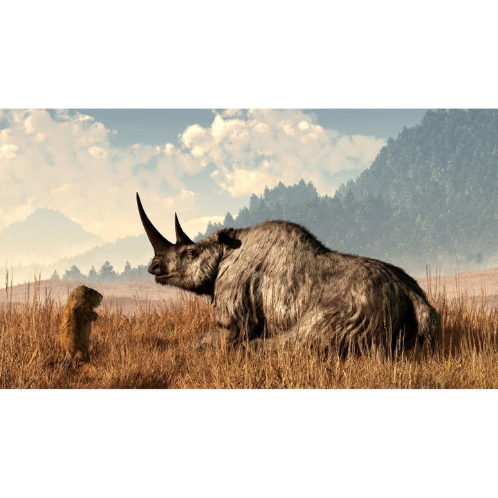 A marmot approaches an old and grey woolly rhinoceros Poster Print Image 1