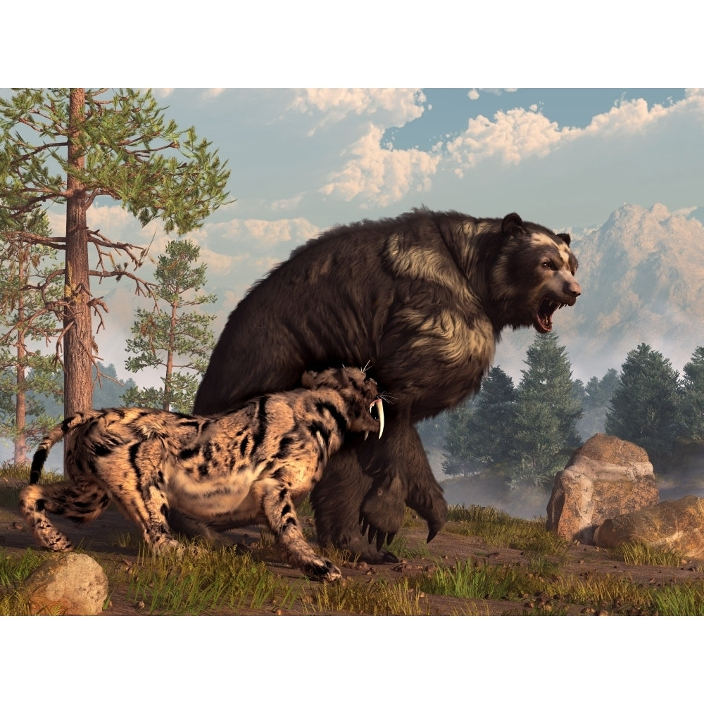 A saber-toothed cat tries to drive a short-faced bear out of its territory Poster Print Image 2