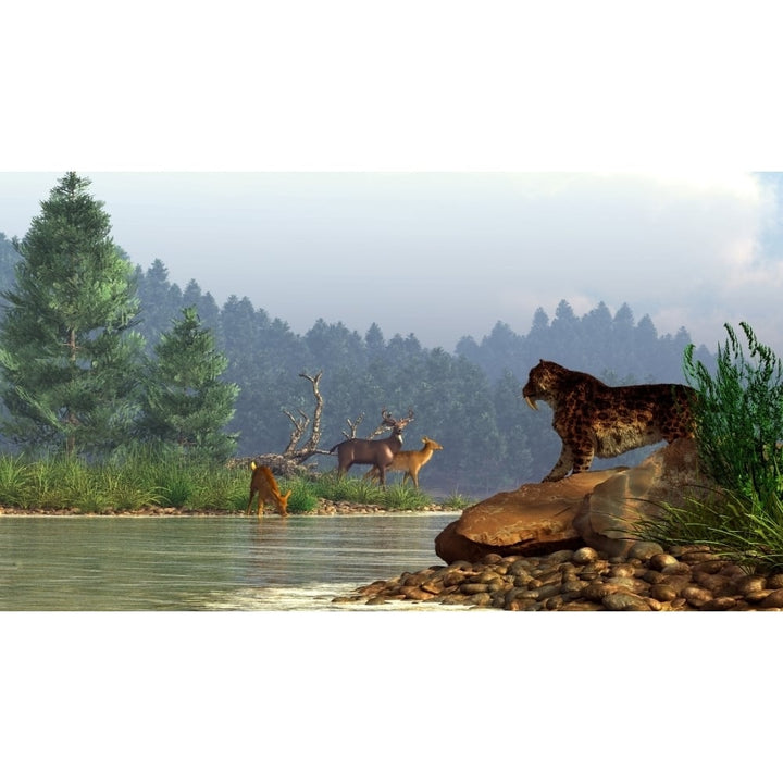 A saber-toothed cat looks across a river at a family of deer Poster Print Image 1