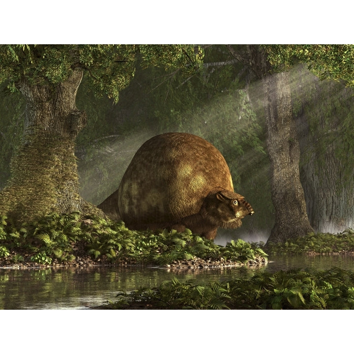 A large Glyptodon stands near the edge of a stream Poster Print Image 2