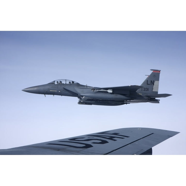 U.S. Air Force F-15E Strike Eagle over the wing of a KC-135 Stratotanker Poster Print Image 1