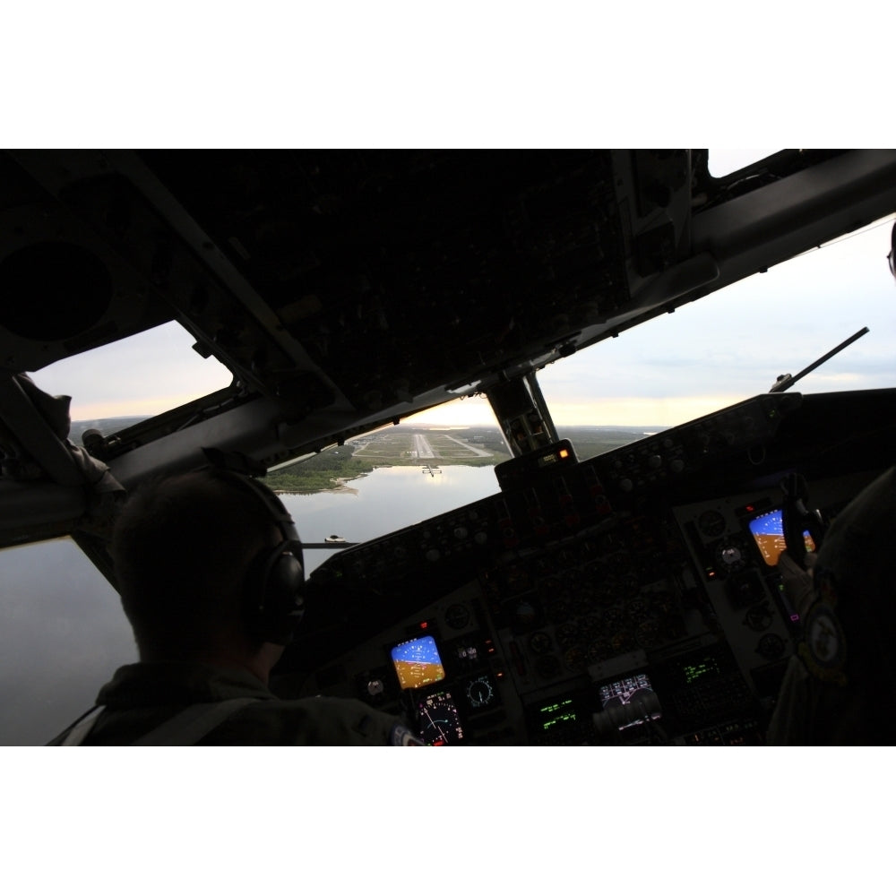 Cockpit view of an evening landing in a KC-135 Stratotanker of the U.S. Air Force Poster Print Image 1