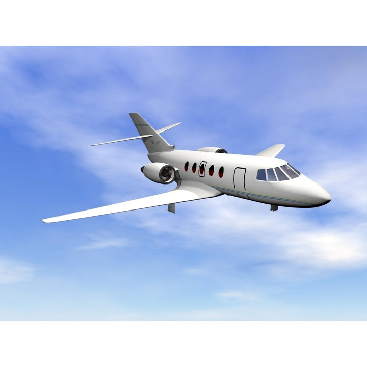 Private jet plane flying in cloudy blue sky Poster Print Image 1