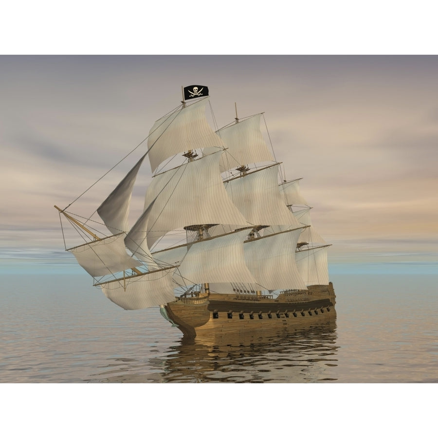 Pirate ship with black Jolly Roger flag sailing the ocean Poster Print Image 1