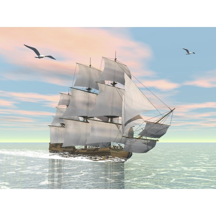 Old merchant ship sailing in the ocean with seagulls above Poster Print Image 1