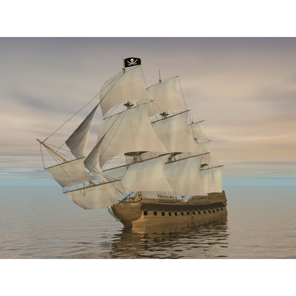 Pirate ship with black Jolly Roger flag sailing the ocean Poster Print Image 2