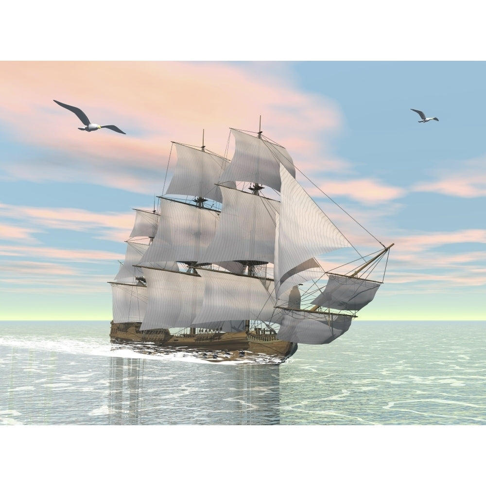 Old merchant ship sailing in the ocean with seagulls above Poster Print Image 2