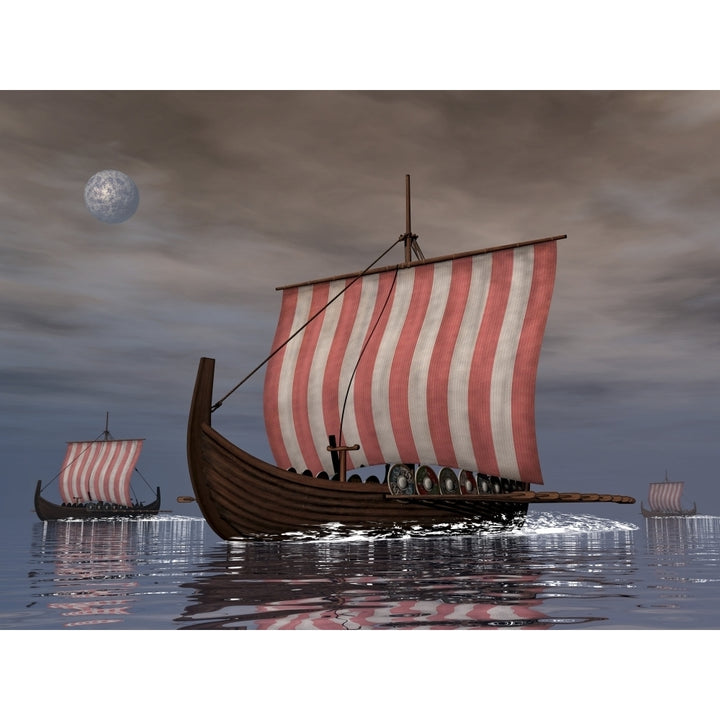 Drekar Viking ships navigating the ocean at night Poster Print Image 1