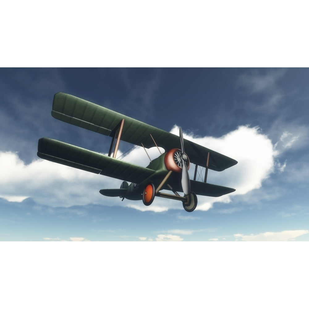 Biplane flying in blue cloudy sky Poster Print Image 2