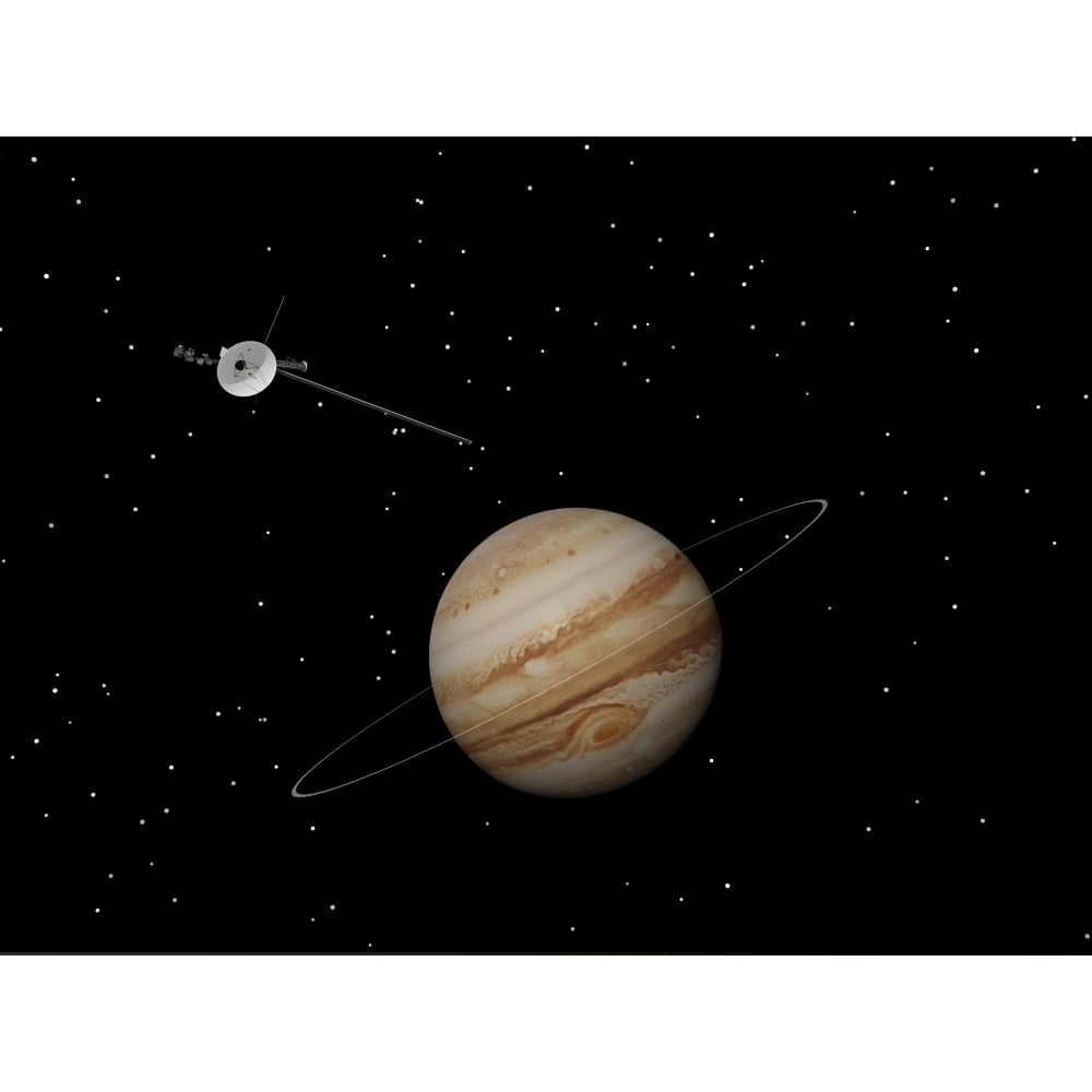 Voyager spacecraft near Jupiter and its unrecognized ring Poster Print Image 1