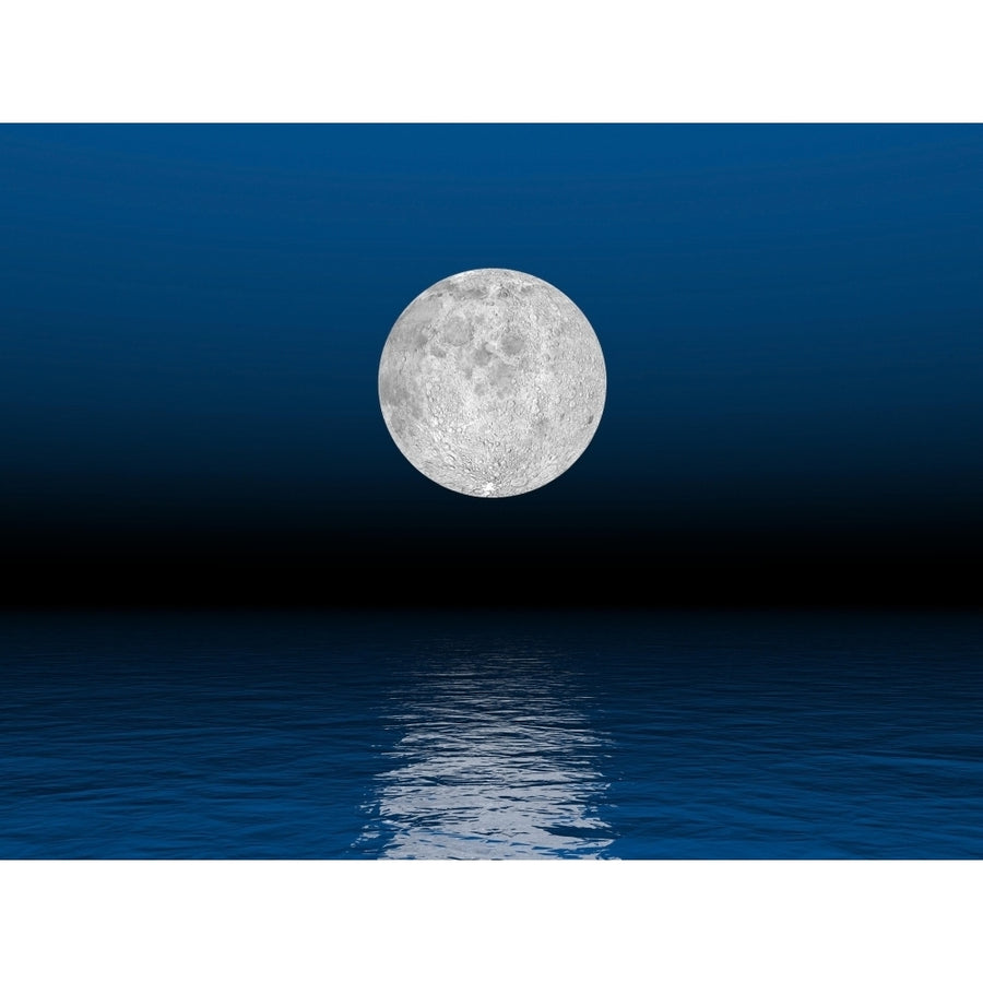 Beautiful full moon against a deep blue sky over the ocean Poster Print Image 1