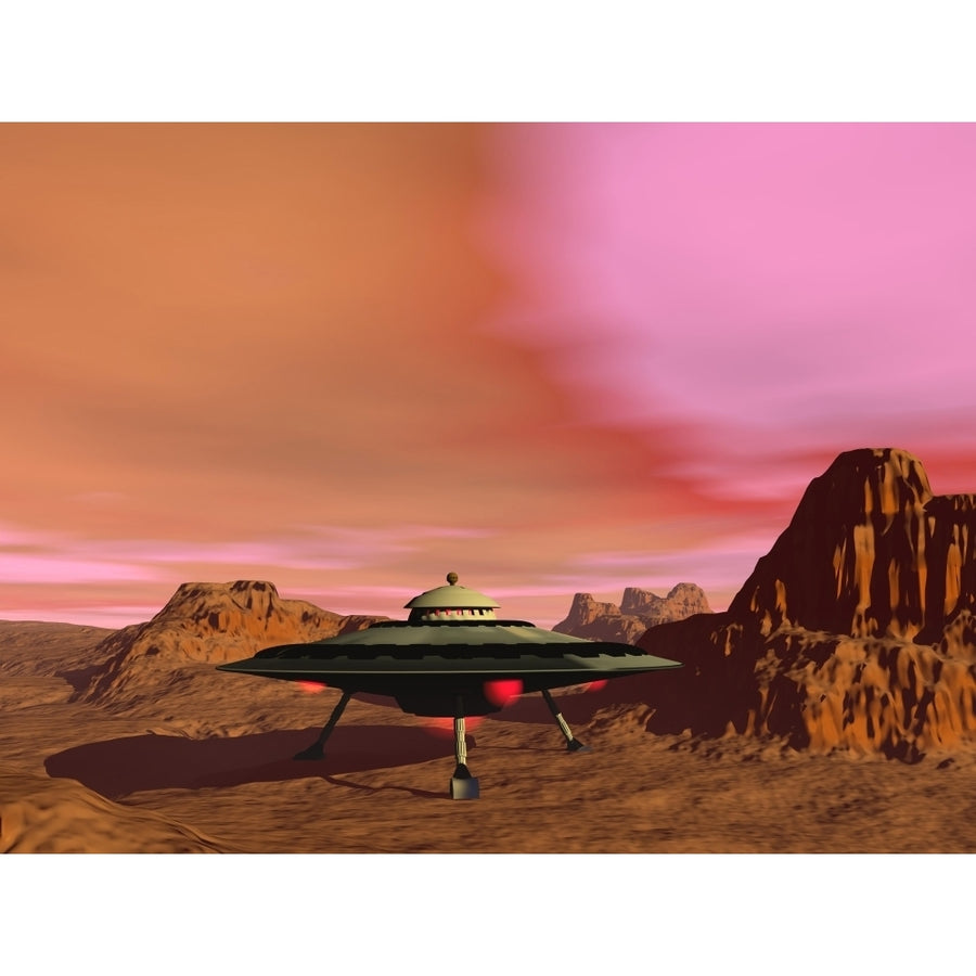 UFO landing on a desert landscape Poster Print Image 1