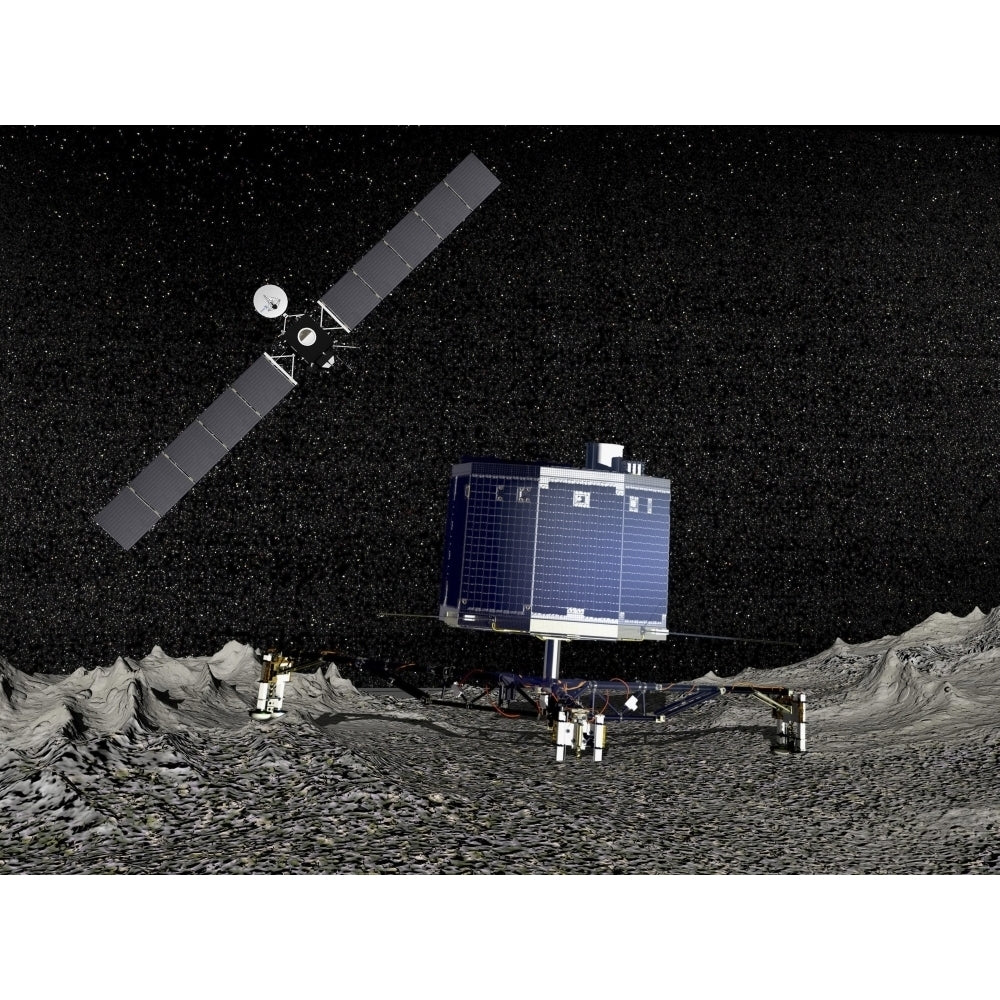 Philae lander on surface of a comet with Rosetta probe above Poster Print Image 2