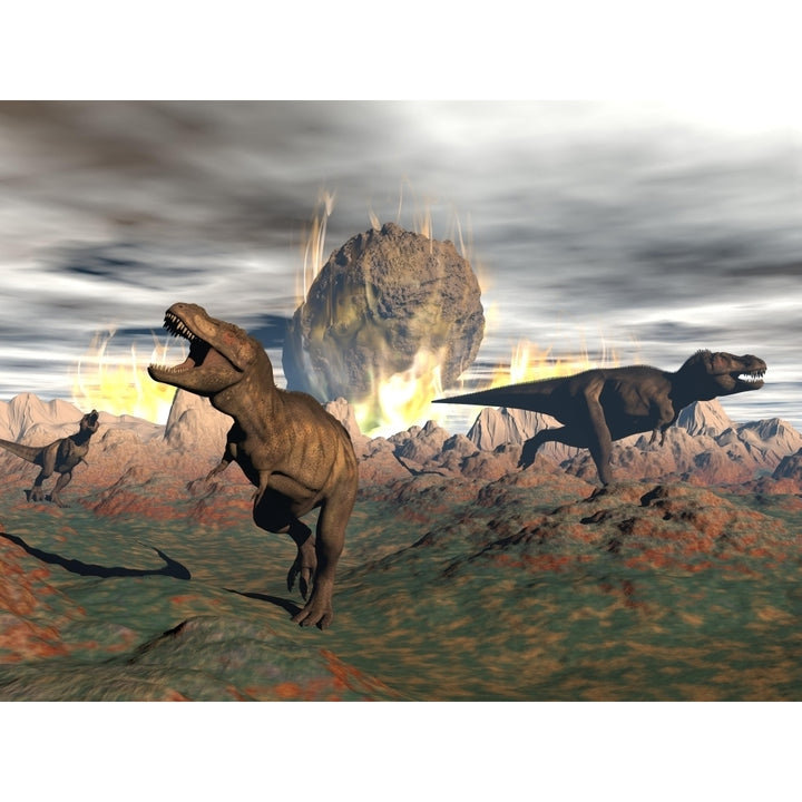 Tyrannosaurus Rex dinosaurs escaping a big meteorite crash Poster Print Image 2