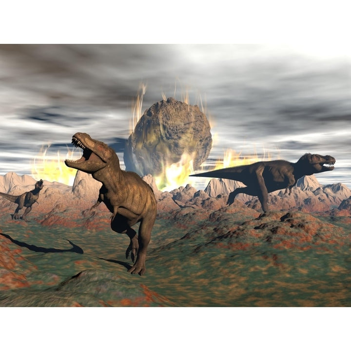 Tyrannosaurus Rex dinosaurs escaping a big meteorite crash Poster Print Image 1