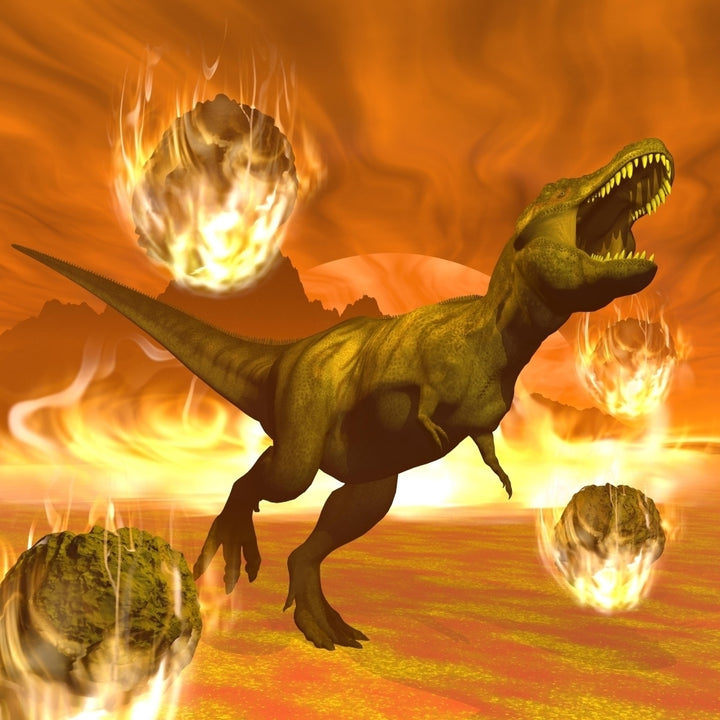 Tyrannosaurus Rex struggles to escape from a meteorite crash Poster Print Image 1