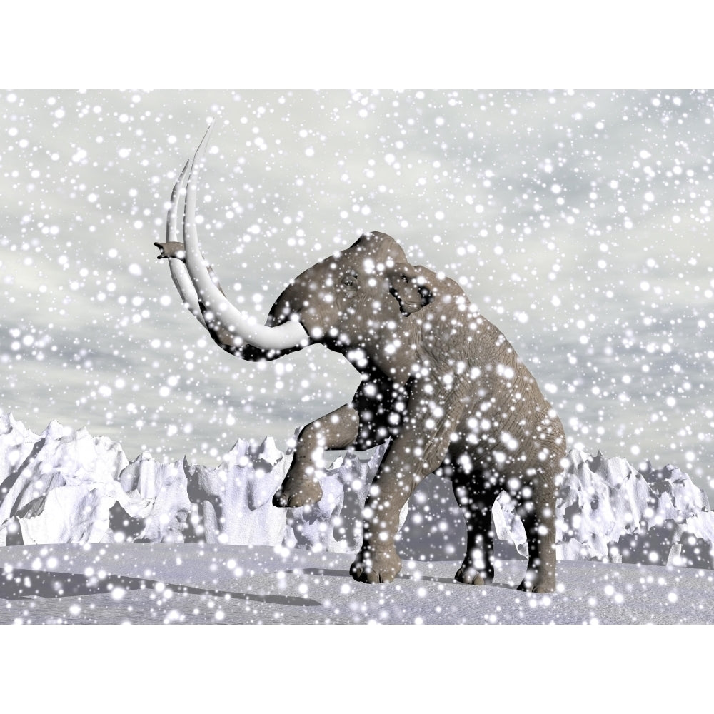 Mammoth walking through a blizzard on mountain Poster Print Image 1