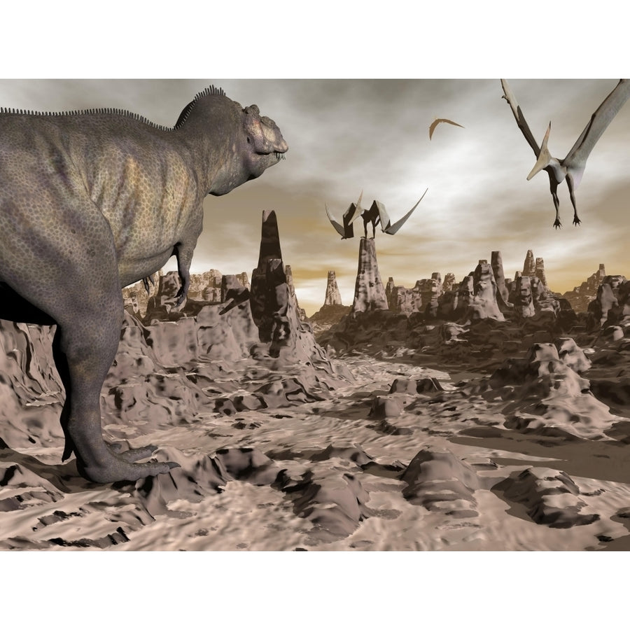 Tyrannosaurus Rex dinosaur and Pteranodons on a rocky desert landscape Poster Print Image 1