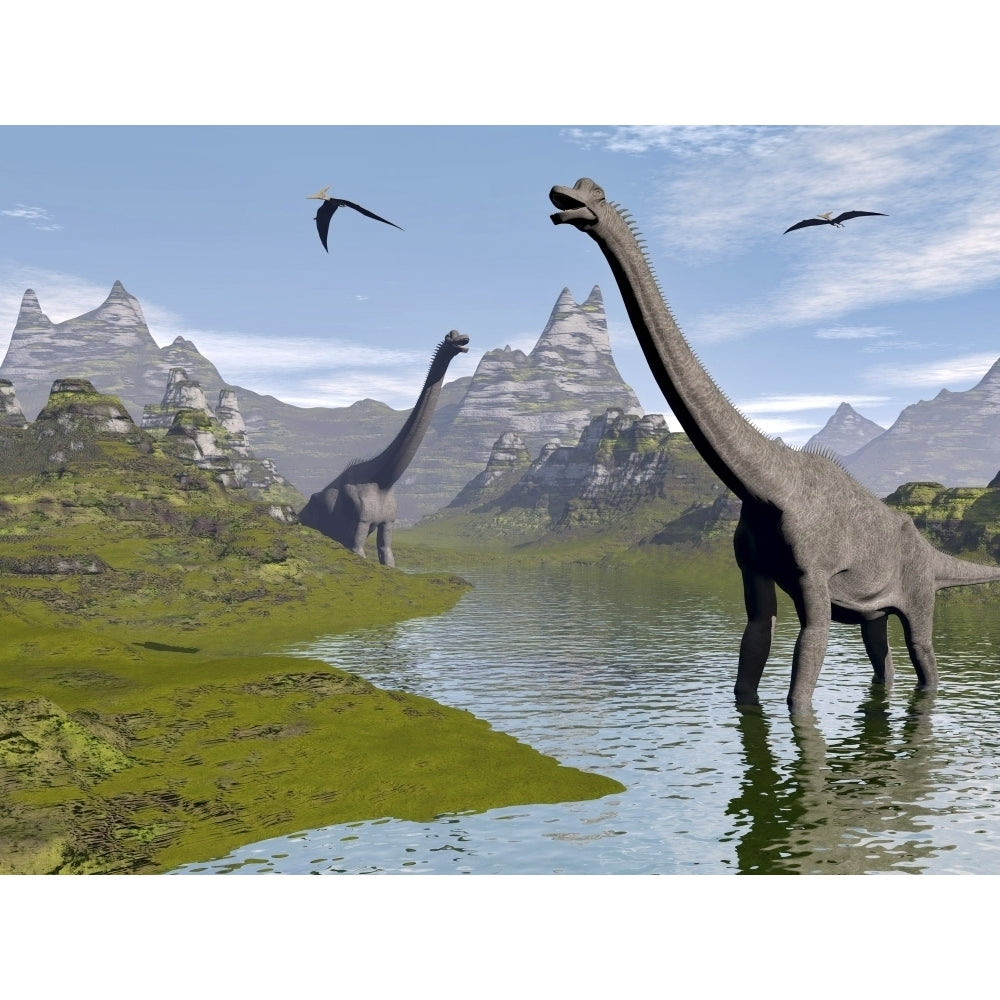 Brachiosaurus dinosaurs walking in a stream on a beautiful day Poster Print Image 1