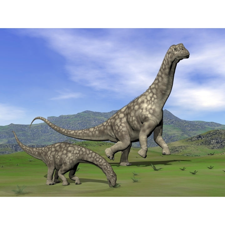 Mother Argentinosaurus dinosaur and baby grazing a green landscape Poster Print Image 1