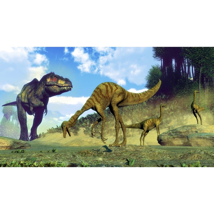 Tyrannosaurus rex surprising a herd of Gallimimus dinosaurs Poster Print Image 2