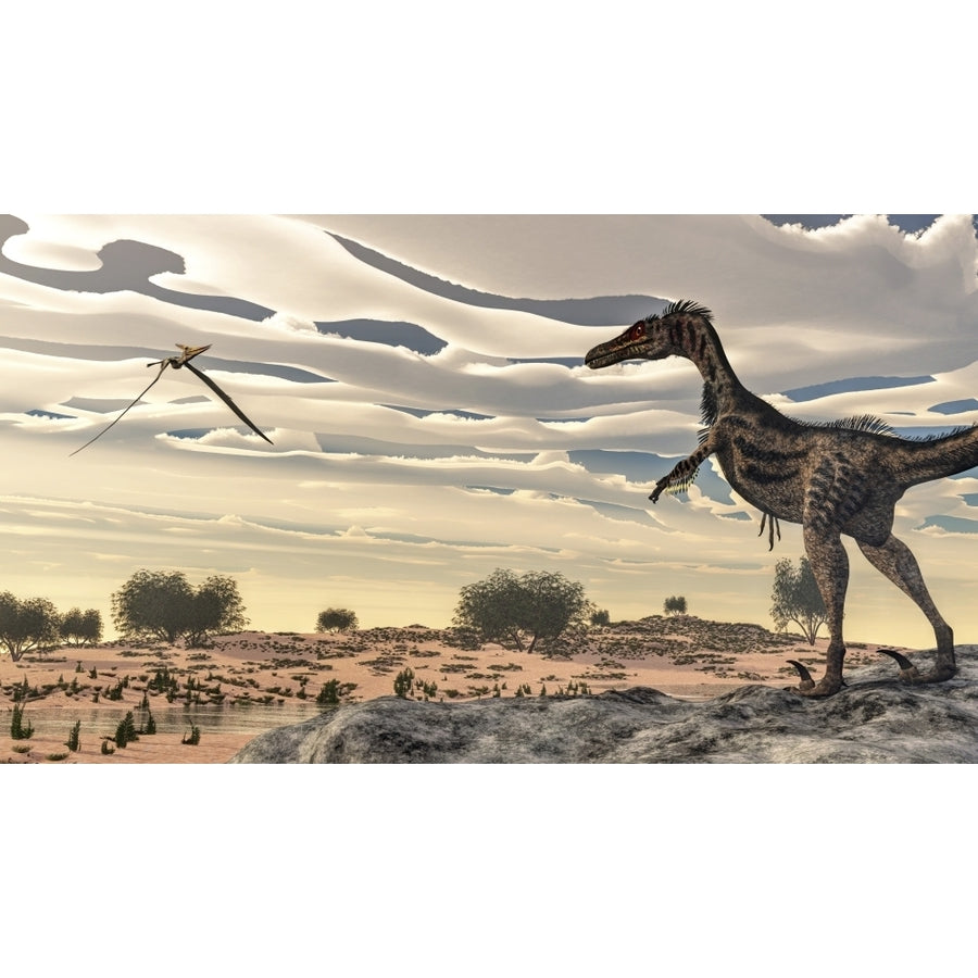 Velociraptor dinosaur observing a pteranodon flying over the desert Poster Print Image 1