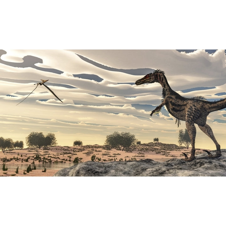 Velociraptor dinosaur observing a pteranodon flying over the desert Poster Print Image 2