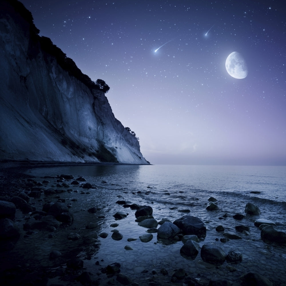 Rising moon over ocean and mountains against starry sky Poster Print Image 2