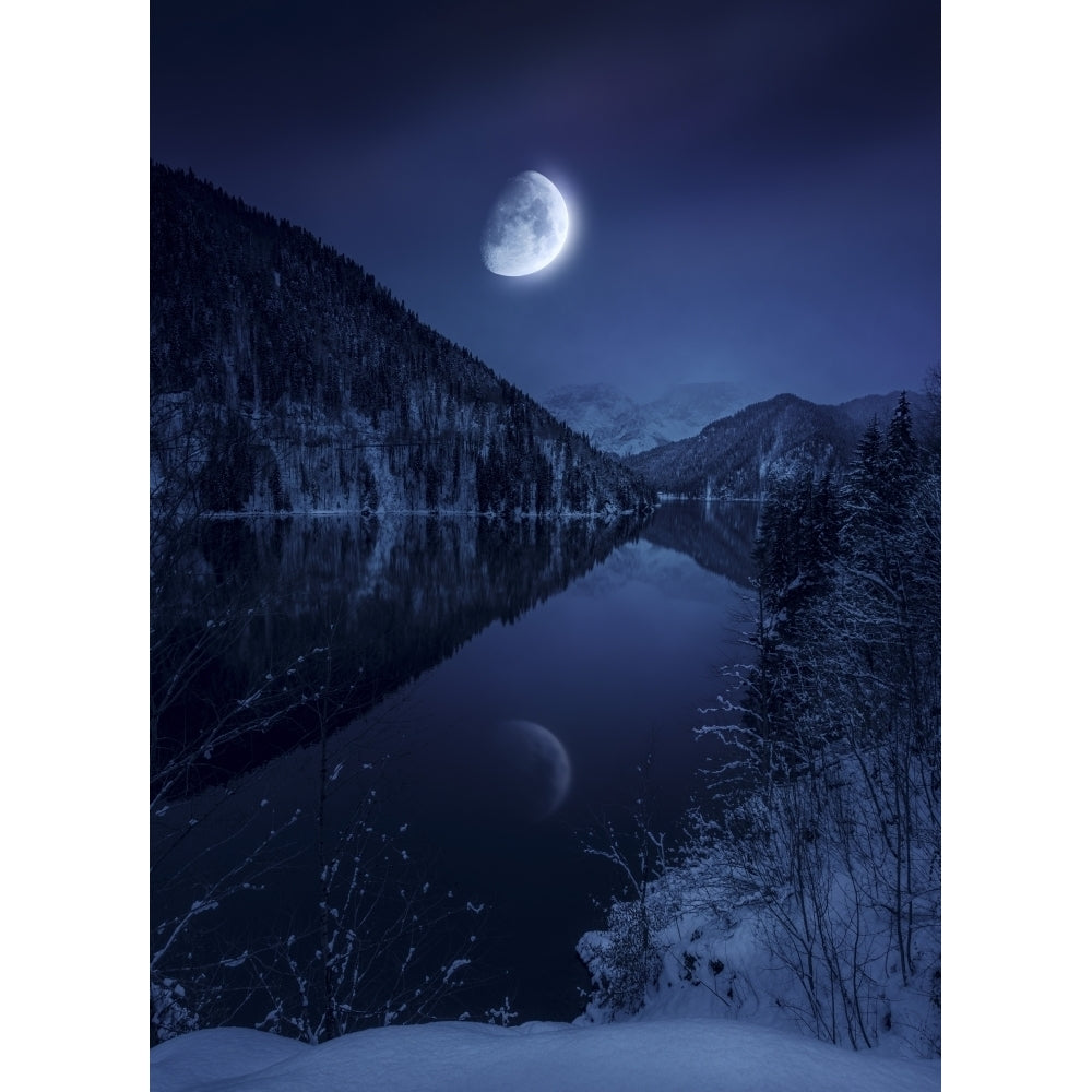 Moon rising over tranquil lake in misty mountains Poster Print Image 2