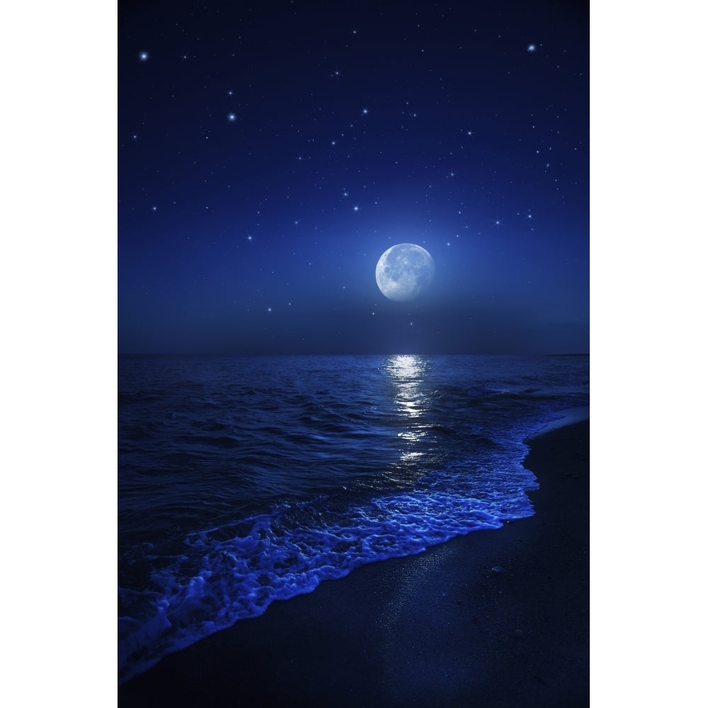 Tranquil ocean at night against starry sky and moon Poster Print Image 2