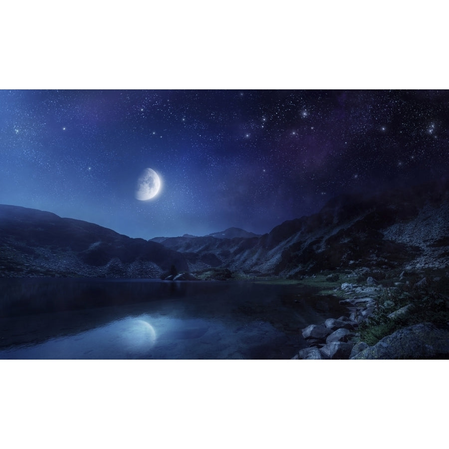 Lake and mountains at night against starry sky Pirin National Park Bulgaria. Poster Print Image 1