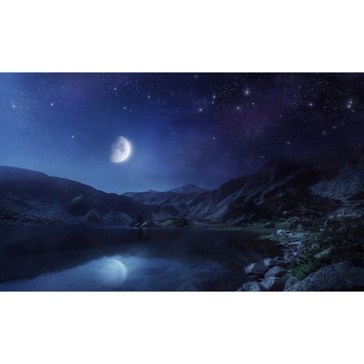 Lake and mountains at night against starry sky Pirin National Park Bulgaria. Poster Print Image 2