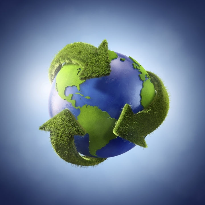 3D Rendering of planet Earth surrounded by the recycle symbol Poster Print Image 2