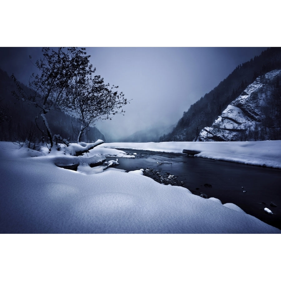 Small river in the misty snowy mountains of Ritsa Nature Reserve Poster Print Image 1