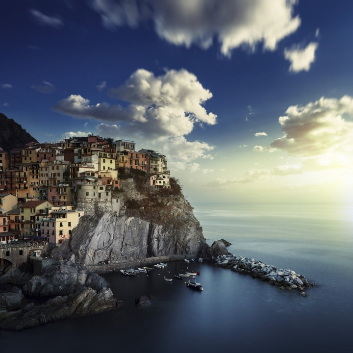 View of Manarola on the rocks at sunset La Spezia Liguria Northern Italy Poster Print Image 1