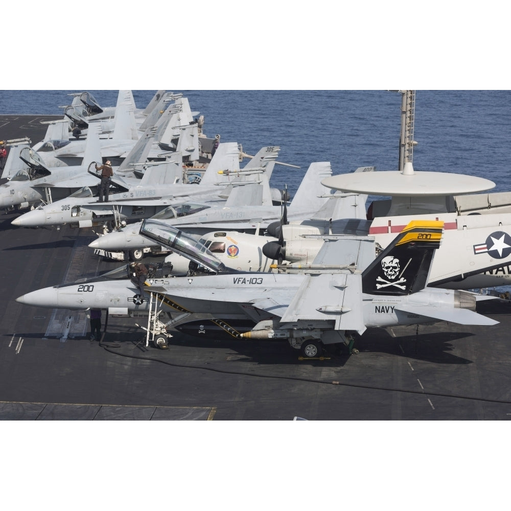 A group of F/A-18F Super Hornets on the flight deck of USS Dwight D. Eisenhower Poster Print Image 1