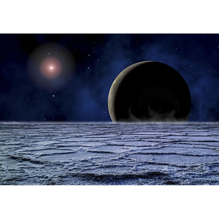 A distant star illuminates an extrasolar planet on the horizon of a frozen moon Poster Print Image 1