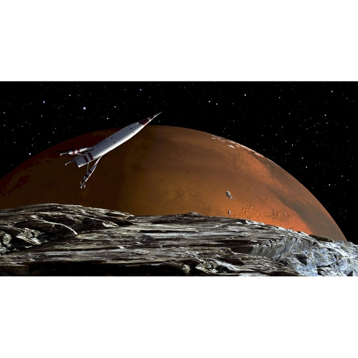 A spaceship in orbit over Mars moon Phobos with the red planet Mars in the background Poster Print Image 1