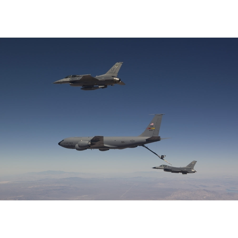 Two F-16s prepare to refuel from a KC-135 Stratotanker Poster Print Image 1