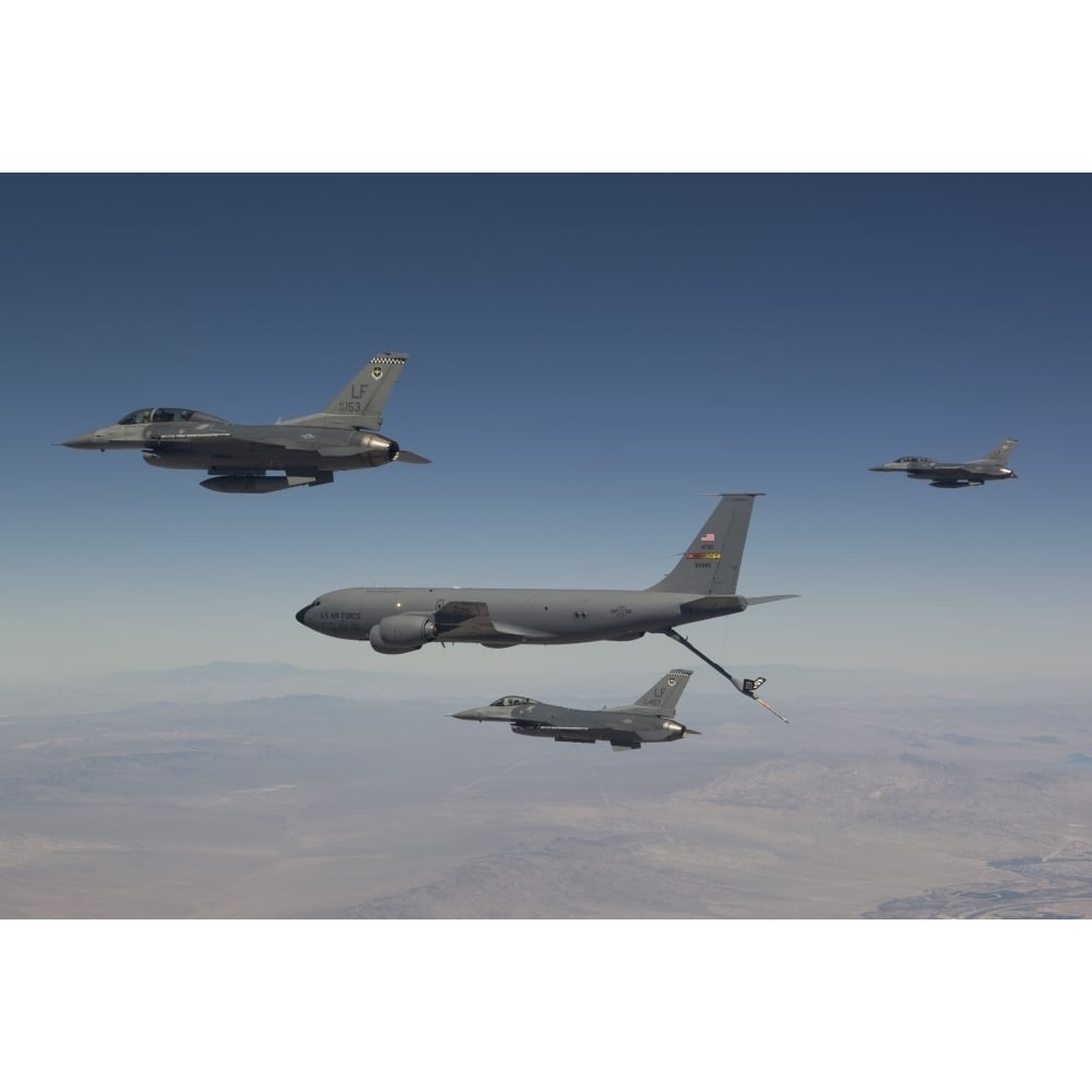 Three F-16s join up with a KC-135 over Arizona Poster Print Image 1