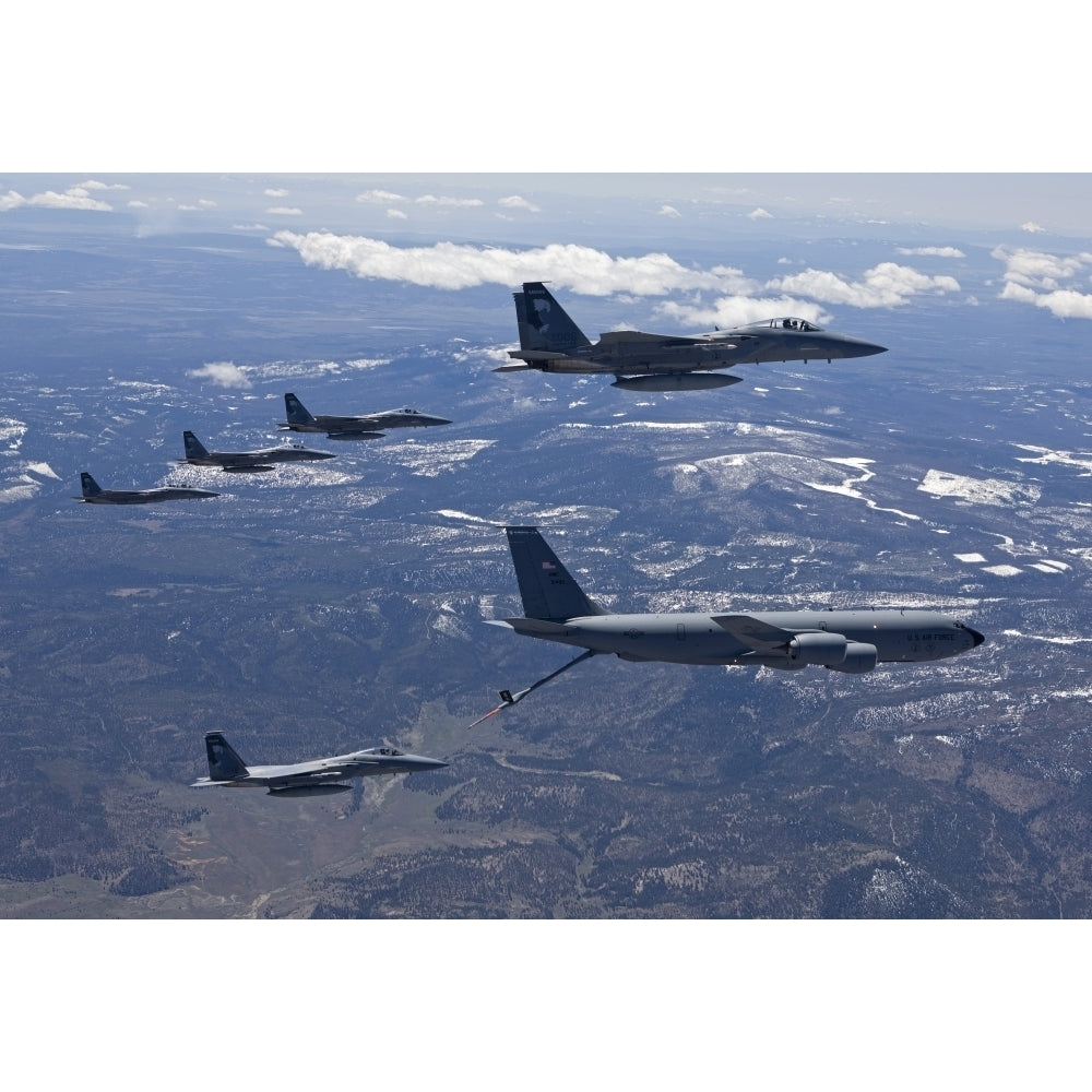 Five F-15 Eagles conduct aerial refueling with a KC-135 Stratotanker Poster Print Image 1