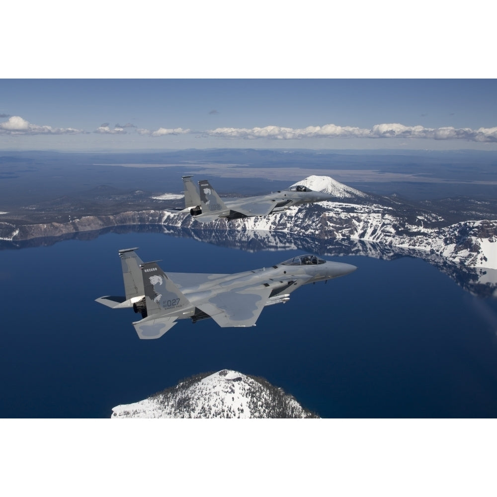 Two F-15 Eagles fly over Crater Lake in Central Oregon Poster Print Image 2