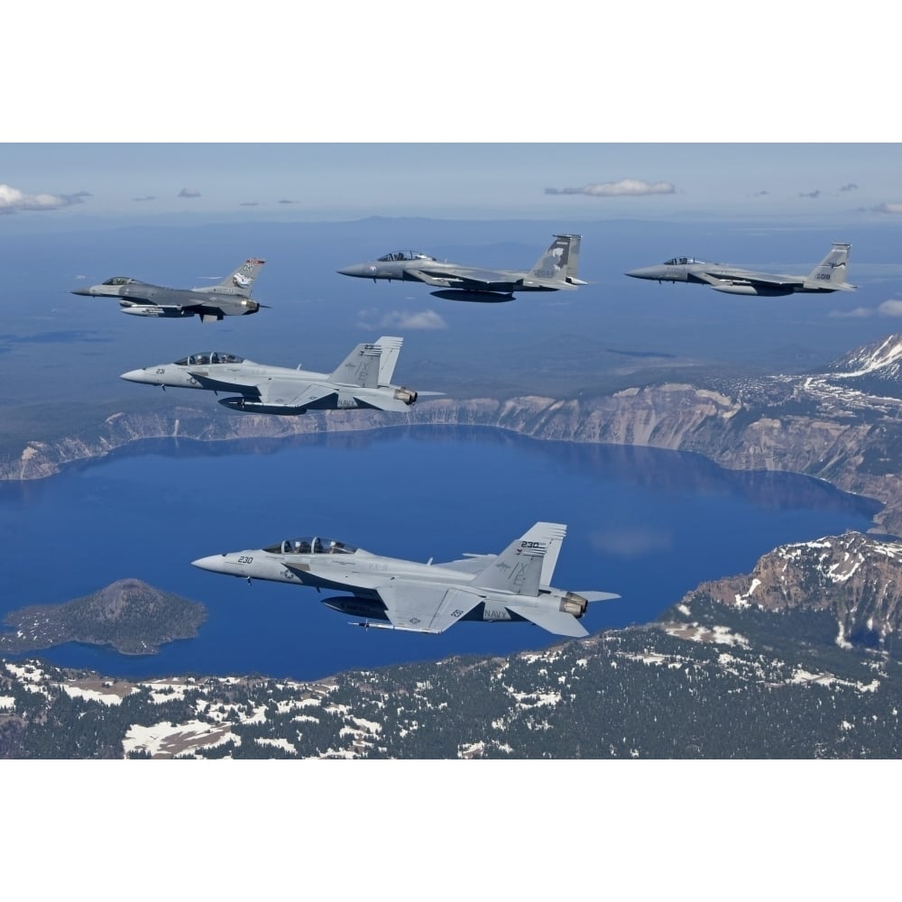 A five ship aircraft formation flies over Crater Lake Oregon Poster Print Image 1