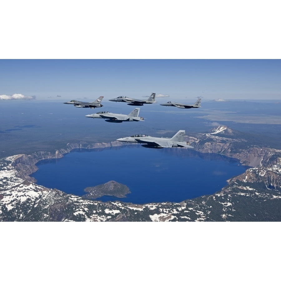 A five ship aircraft formation flies over Crater Lake Oregon Poster Print Image 1