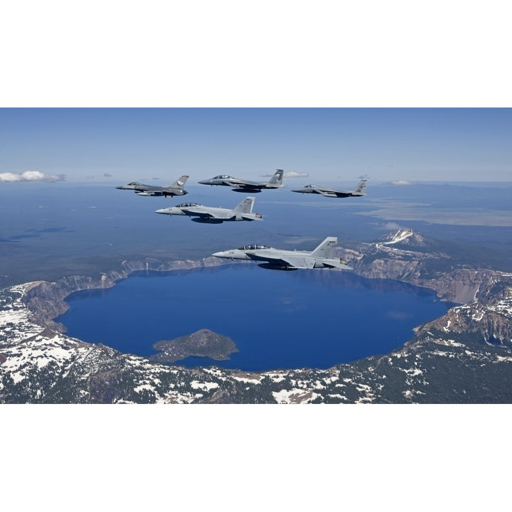 A five ship aircraft formation flies over Crater Lake Oregon Poster Print Image 2