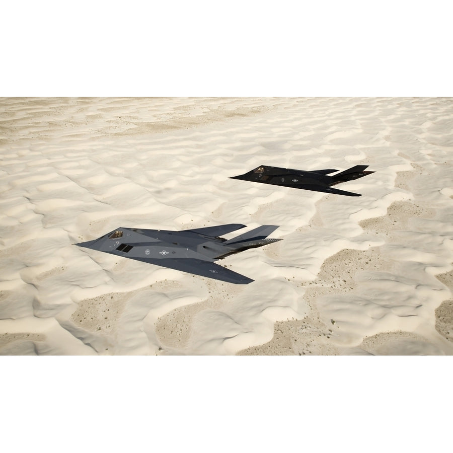 Two F-117 Nighthawk stealth fighters fly over White Sands National Monument Poster Print Image 1