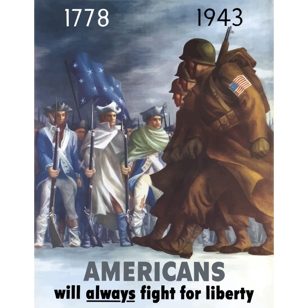 War poster of American Infantryman marching past Minutemen Poster Print Image 1