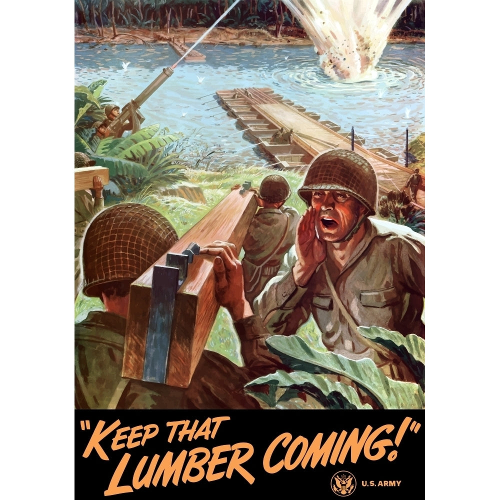 World War II poster of Army Engineers building a bridge across a river Poster Print Image 2