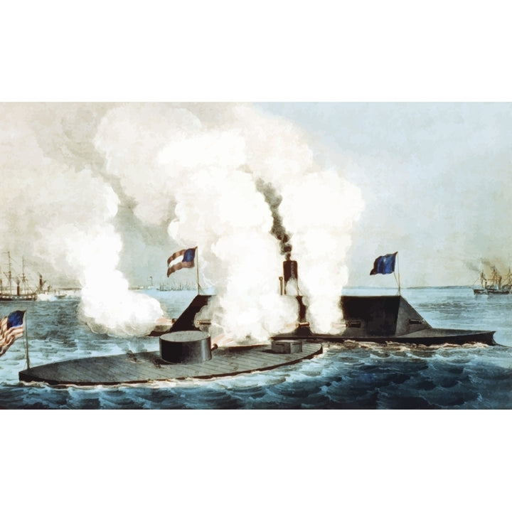 Digitally restored Civil War vector image showing the Battle of Hampton Roads Poster Print Image 1